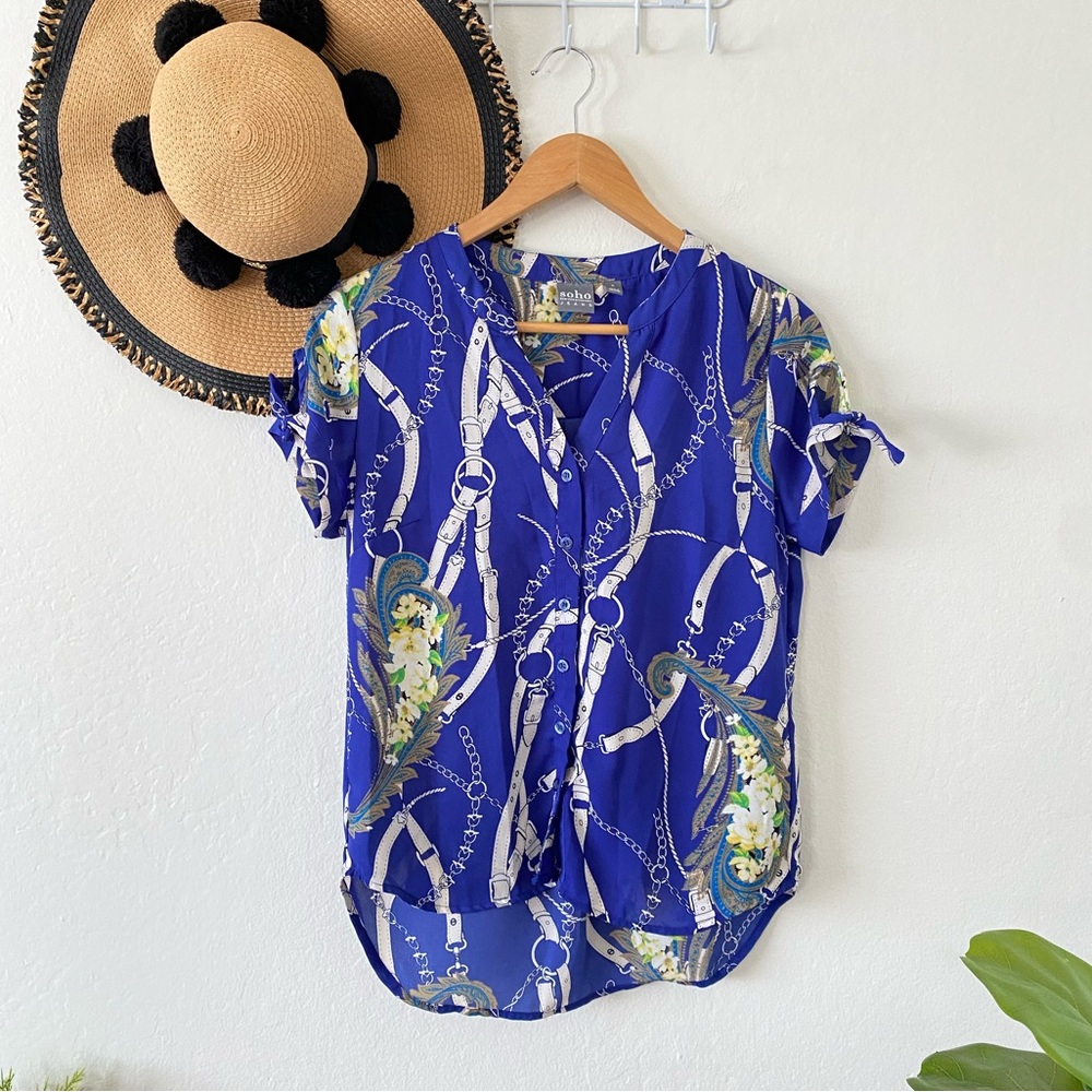New York & Company Soho Jeans Cobalt Blue Graphic Button Front Blouse